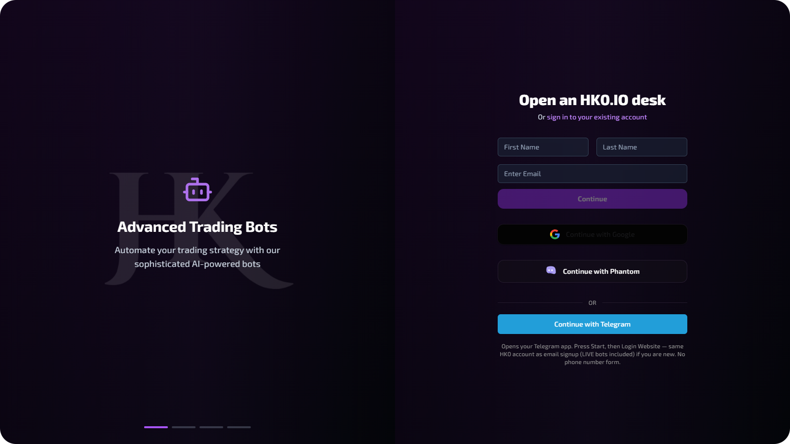 HK0.IO sign up with Google, email, Phantom, and Telegram