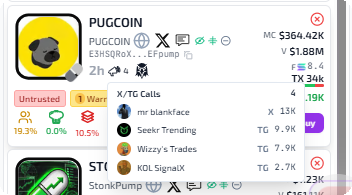 X/TG Calls hover on a token card