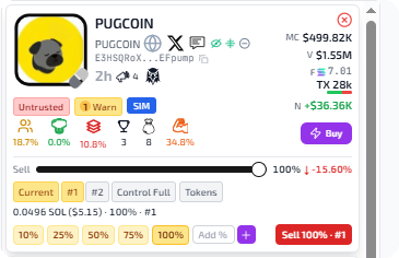 A Trenches token card with Trust, Holders, DEV, Clusters, Strength, X/TG calls, and Buy